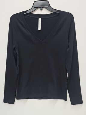 Athleta Black V-Neck Ribbed Long Sleeve Tee Size Large